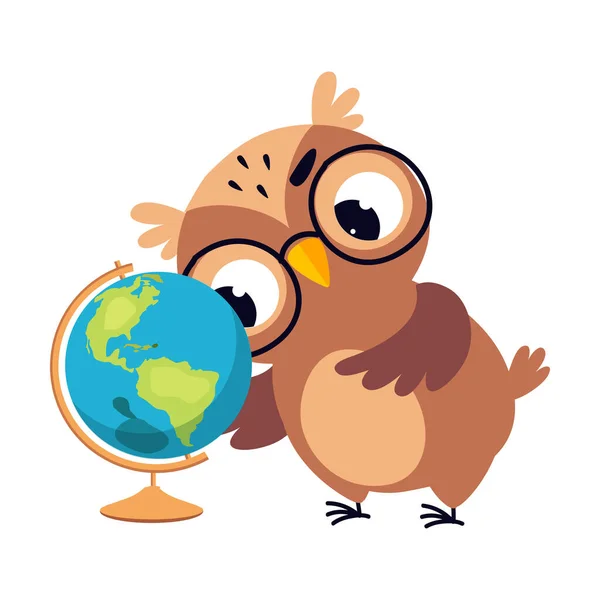 Wise Brown Owl, Cute Bird Teacher Cartoon Character Teaching Geography at School Vector Illustration — Stock Vector