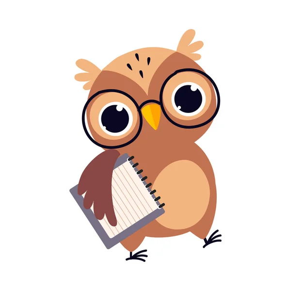 Coruja marrom sábio, professor de pássaro bonito Personagem de desenhos animados carregando em branco Notebook Ilustração vetorial — Vetor de Stock