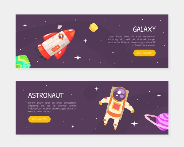 Space Exploration Landing Page Templates Set, Galaxy, Astronaut Web Page Interface Cartoon Vector Illustratie — Stockvector