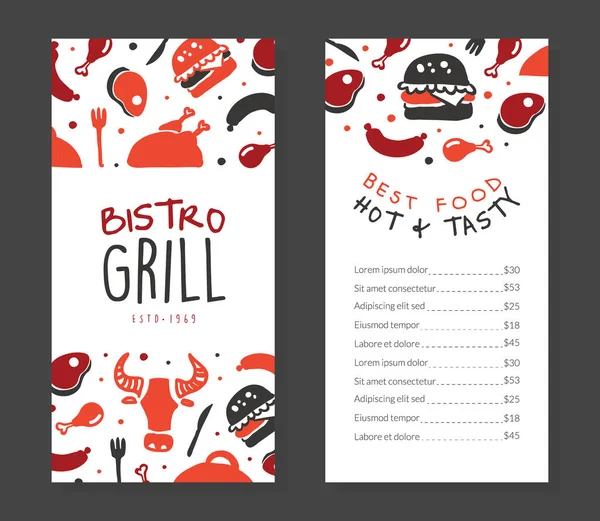 Bistro Gril Menu Template Design, Barbecue House, Restaurant, Bar Poster, Invitation, Flyer, Promo Design Cartoon Vector Illustration — Stock Vector