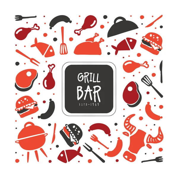 Grill Bar Banner Template, Hot Barbecue House, Ristorante, Bistro Poster, Invito, Volantino, Promo Design Cartoon Vector Illustrazione — Vettoriale Stock