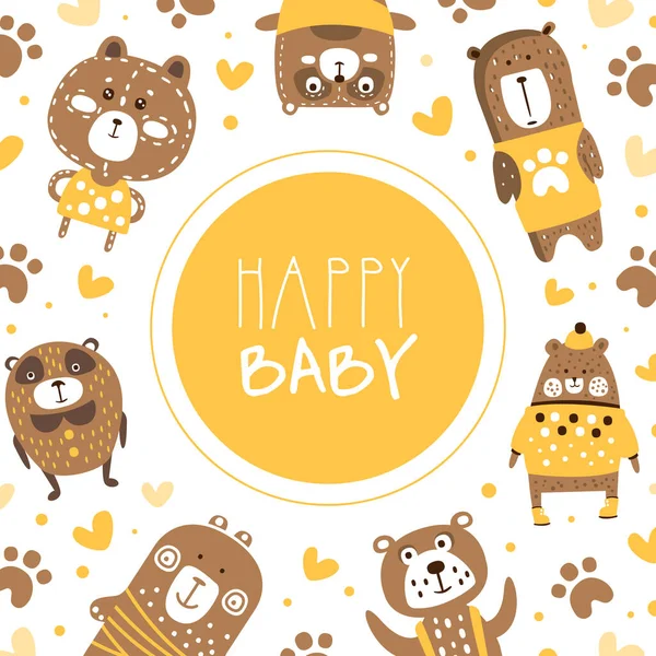 Plantilla de bandera de bebé feliz con lindos osos marrones patrón sin costura Vector ilustración — Vector de stock