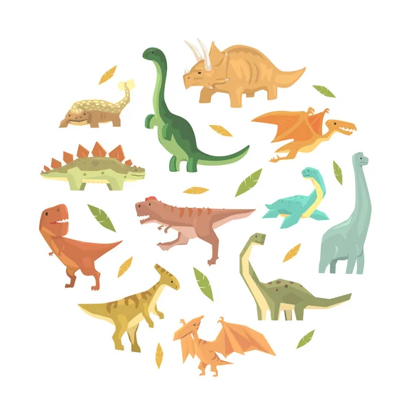 Dairesel Şekilde Şirin Renkli Dinozorlar, Sevimli Tarih Öncesi Hayvanlar Sancağı, Kart, Arkaplan Tasarımı Çizgi Film Çizimi. — Stok Vektör
