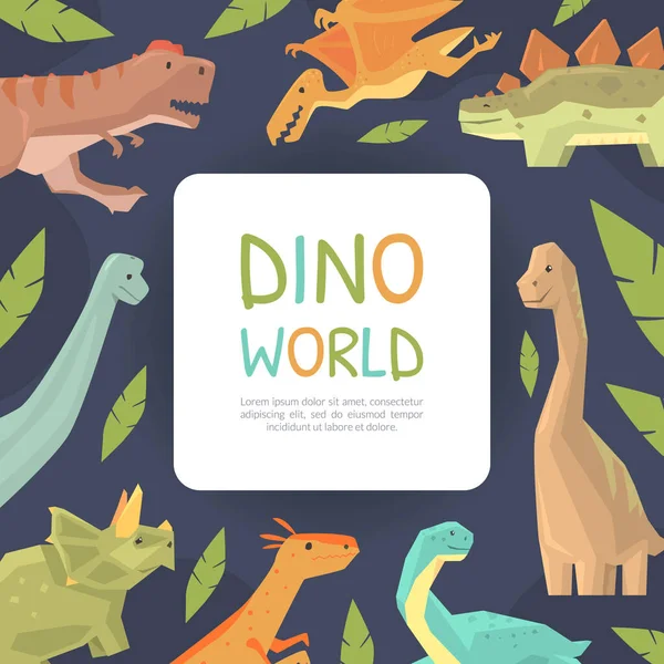 Тварини Dino World Banner Шаблон з простором для тексту, плакат, картка, фон з милими доісторичними тваринами Мультфільм Векторні ілюстрації — стоковий вектор