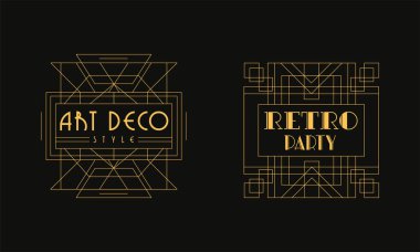 Art Deco Parti Kart Şablonları Ayarlandı, Düğün Daveti için Lüks Tasarım Elemanı, Poster, Sancak, Flyer Vintage Vector İllüstrasyonu.