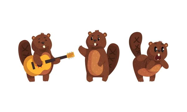 Cute Brown Beaver w różnych działań zestaw, Funny Wesoły Woodland charakter zwierząt z różnych emocji Cartoon wektor ilustracji — Wektor stockowy