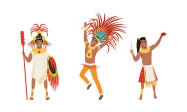 Yerli Amerikan Yerlileri Geleneksel Giysiler Giyen Adamlar, Eski Savaşçı Karakterleri Silah Çizgi Filmi Vektör Resimleri