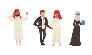 Geleneksel Müslüman Giyim Giyimi Giyen Bir grup Arap İş Adamı, Ortak Çizgi Film Çizgi Romanları İllüstrasyonuyla Buluştu