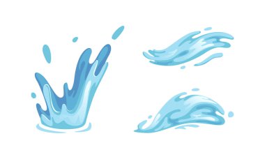 Su Sıçratma Kümesi, Mavi Damlalar ve Su Dalgaları Çizgi Film Vektör Çizimi