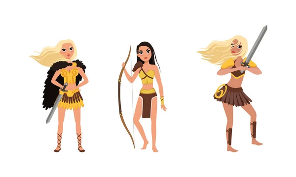 Hermosa colección de Amazon Girls, personajes de guerreros antiguos femeninos de pie con arco y espada ilustración vectorial de dibujos animados — Vector de stock