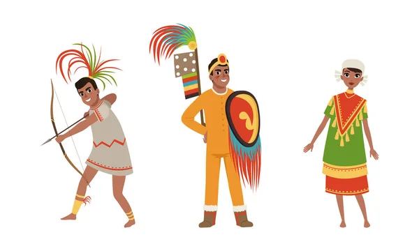 Personajes de indios nativos americanos en ropa tradicional Set Dibujos animados Vector Ilustración — Vector de stock