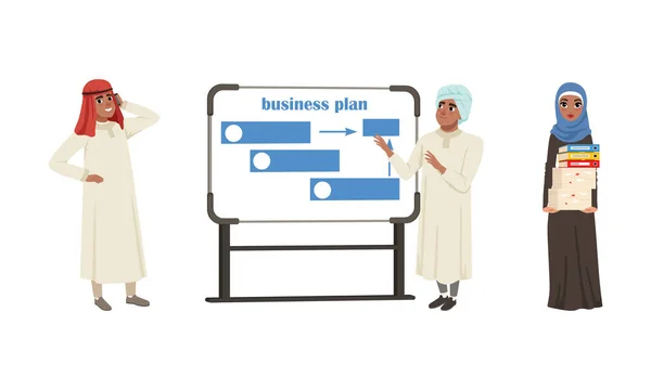 Empresários Árabes Vestindo Vestuário Muçulmano Tradicional Encontro com Parceiros de Negócios Cartoon Vector Ilustração — Vetor de Stock