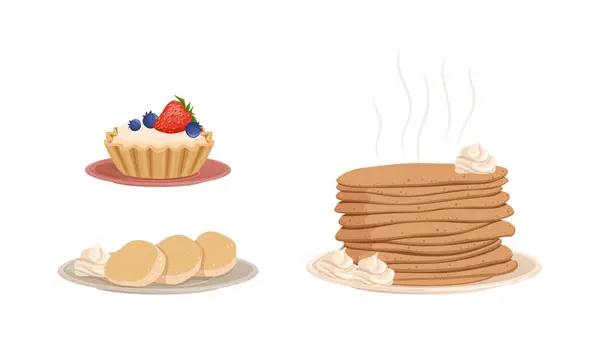 Ensemble de desserts savoureux, crêpes chaudes et gâteau aux baies fraîches Illustration vectorielle de bande dessinée — Image vectorielle