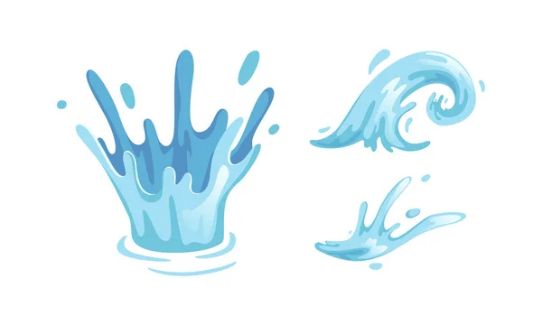 Blauwe Water Splashes Set, druppels en kroon van vallen, Water Waves Cartoon Vector Illustratie — Stockvector