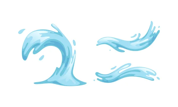 Set de olas de agua azul, salpicaduras de agua ilustración vectorial de dibujos animados sobre fondo blanco — Vector de stock