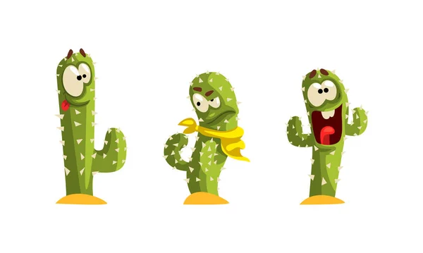 Zöld Kaktusz különböző érzelmek készlet, Vicces Emojis növényi karakterek Rajzfilm vektor illusztráció — Stock Vector