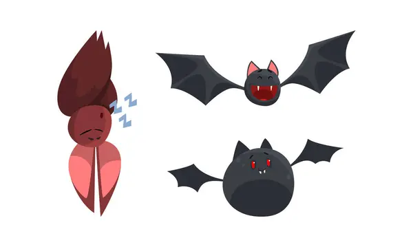 Set de murciélagos lindos, personajes divertidos de animales de Halloween ilustración vectorial de dibujos animados — Archivo Imágenes Vectoriales