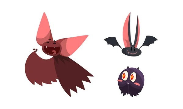 Set de lindos murciélagos divertidos personajes de dibujos animados animales Vector Ilustración — Archivo Imágenes Vectoriales