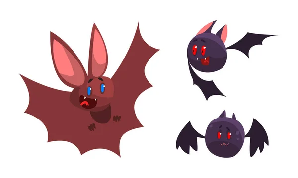 Lindo conjunto de murciélagos, Divertido Divertido vampiro Animales Personajes Dibujos Animados Vector Ilustración — Archivo Imágenes Vectoriales