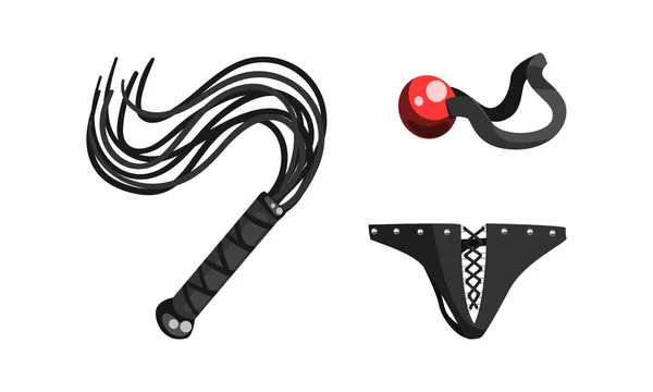Black Leather Whip, Underpant, Ball Gag, Fetish Stuff for Role Playing Cartoon Vector Illustration — Stock Vector