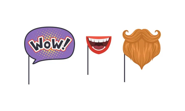 Set di accessori per costumi da festa in maschera, frase Wow, Baffi e barba da hipster, Bocca sorridente sui bastoni Illustrazione vettoriale del fumetto — Vettoriale Stock