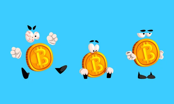 Lustige Bitcoin-Figuren mit verschiedenen Emotionen, Online-Kryptowährung Cartoon Vector Illustration — Stockvektor