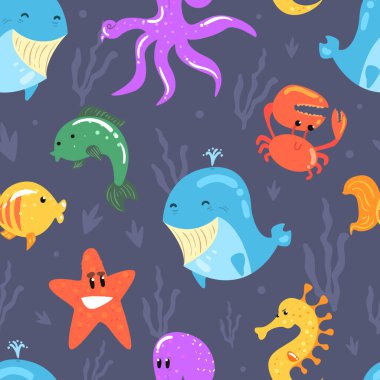 Deniz Hayvanı Örnekleri, Tropikal Su altı Tatili Arka plan, Duvar Kağıdı, Tekstil, Paketleme Vektörü İllüstrasyonları İçin Bitmeyen Tekrarlayan Yazı