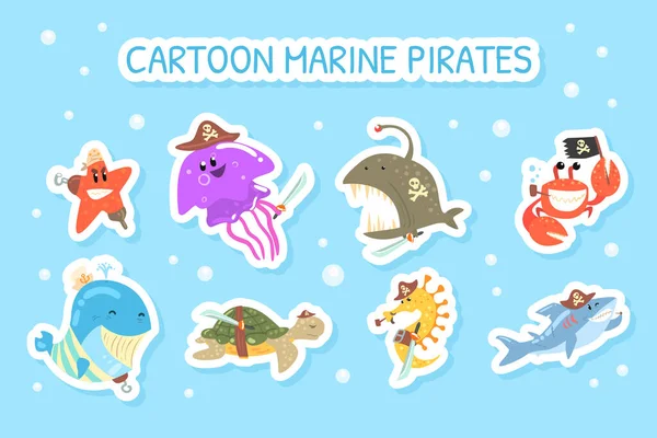 Cartoon Marine Pirate Stickers, Funny Marine Creature Characters Barevné skvrny vektorové ilustrace — Stockový vektor