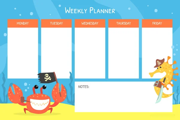 Weekly Planner with Funny Marine Animals, Papionery Organizer for Daily Planans Cartoon Vector Illustration — Stockový vektor