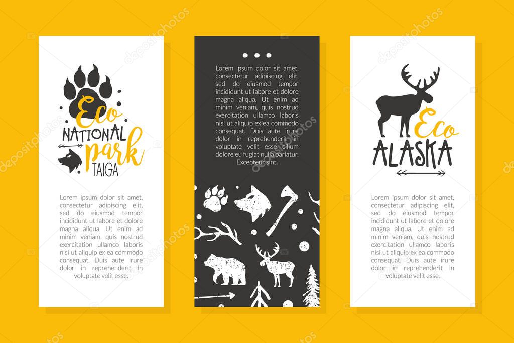 Alaska National Park Card Template with Space for Text, Taiga Promo Flyer, Brochure, Booklet, Leaflet Layout Vector Illustration