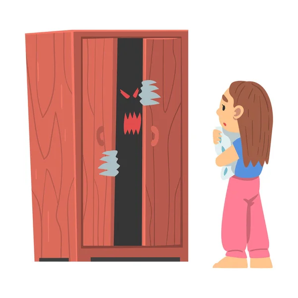 Childhood Fear with Scary Monster Peeped Out Wardrobe Frightening Little Girl Vector Illustration — Stock Vector