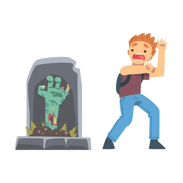 Little Boy Screaming Imagining Zombie Hand Appearing from Tomb as Childhood Fear Vector Illustration — Stock Vector