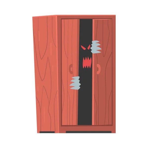 Straszny potwór lub duch jako groteskowe stworzenie z przerażającym wyglądem siedzi w szafie wektor ilustracji — Wektor stockowy