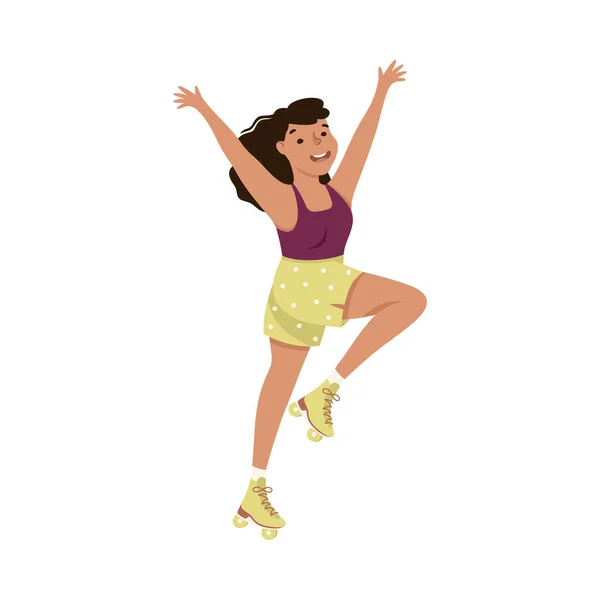 Smiling Woman Dancing on Roller Skates Performing Tricky Movement Vector Illustration — Stock Vector