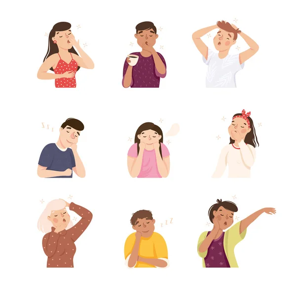 Sleepy Man and Woman Yawning Feeling Need for Sleep Bust Shot Vector Illustration Set — Archivo Imágenes Vectoriales