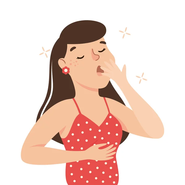 Mujer soñolienta bostezando cubriéndose la boca con su mano sintiendo la necesidad de dormir Vector Ilustración — Vector de stock