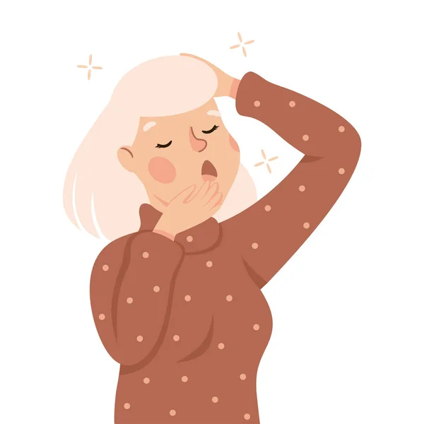 Mujer soñolienta bostezando cubriéndose la boca con su mano sintiendo la necesidad de dormir Vector Ilustración — Vector de stock