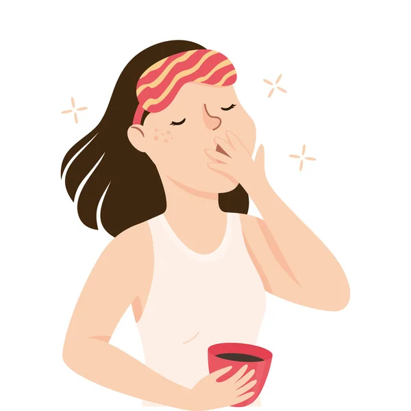 Mujer somnolienta con taza de café bostezando cubriendo su boca con su mano sintiendo la necesidad de dormir Vector Ilustración — Vector de stock