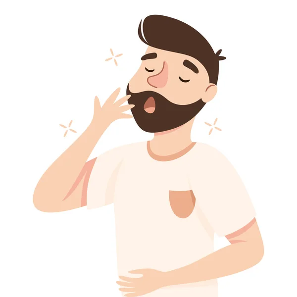 Hombre soñoliento bostezando cubriéndose la boca con su mano sintiendo la necesidad de dormir Vector ilustración — Vector de stock