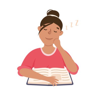 Young Woman with Open Book Slumbering or Drowsing with Hand Reclined Upon His Head Vector Illustration clipart