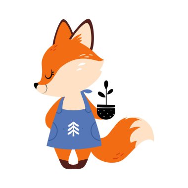 Önlüklü Şirin Küçük Tilki, Seedling Vektör İllüstrasyonlu Çiçek Saksısı