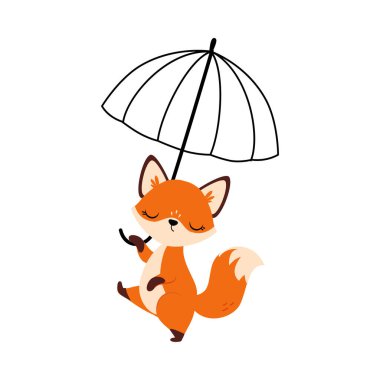 Şemsiye Vektör İllüzyonuyla Şirin Küçük Tilki Yürüyüşü