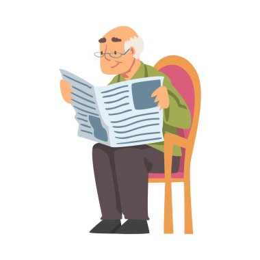 Gözlüklü Gri Saçlı Büyükbaba Sandalyeye Oturup Gazetede Vector Illustration okuyor