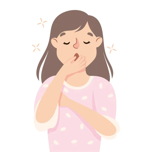 Sonnolenta donna sbadigliare coprendo la bocca con la mano sensazione bisogno di sonno vettoriale illustrazione — Vettoriale Stock