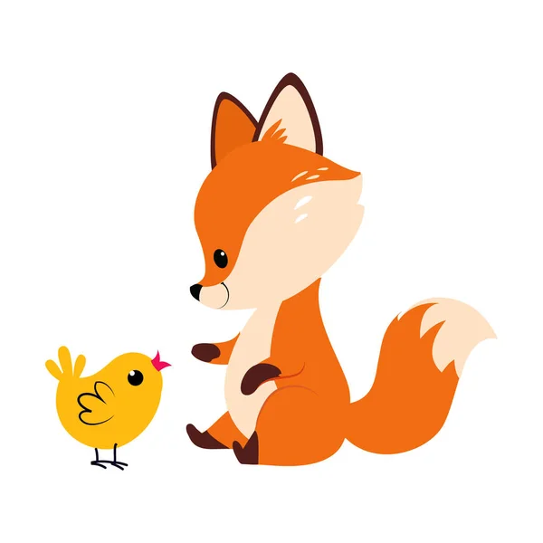 Niedlicher Kleiner Fuchs spielt mit Yellow Chick Vector Illustration — Stockvektor