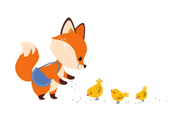 Bonito pouco raposa alimentando filhotes com grão vetor ilustração — Vetor de Stock