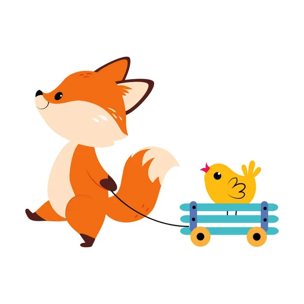 可爱的小狐狸拉风车与奇克矢量图解 — 图库矢量图片