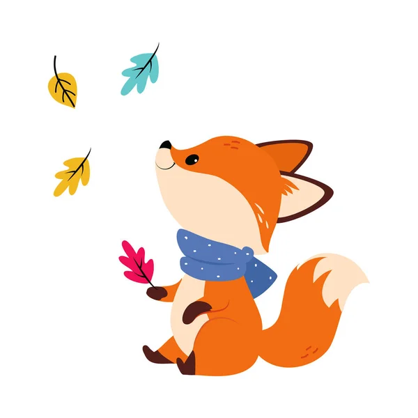 Cute Little Fox in Scarf Watching Autumn Leaf Fall Vector Illustration — Stock Vector