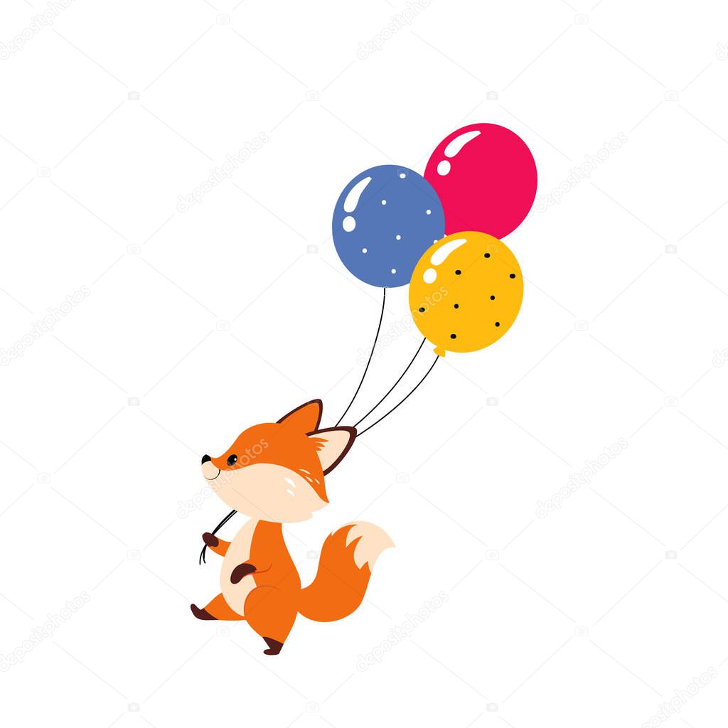 Cute Little Fox Walking with Bunch of Colorful Toy Balloon Vector Illustration
