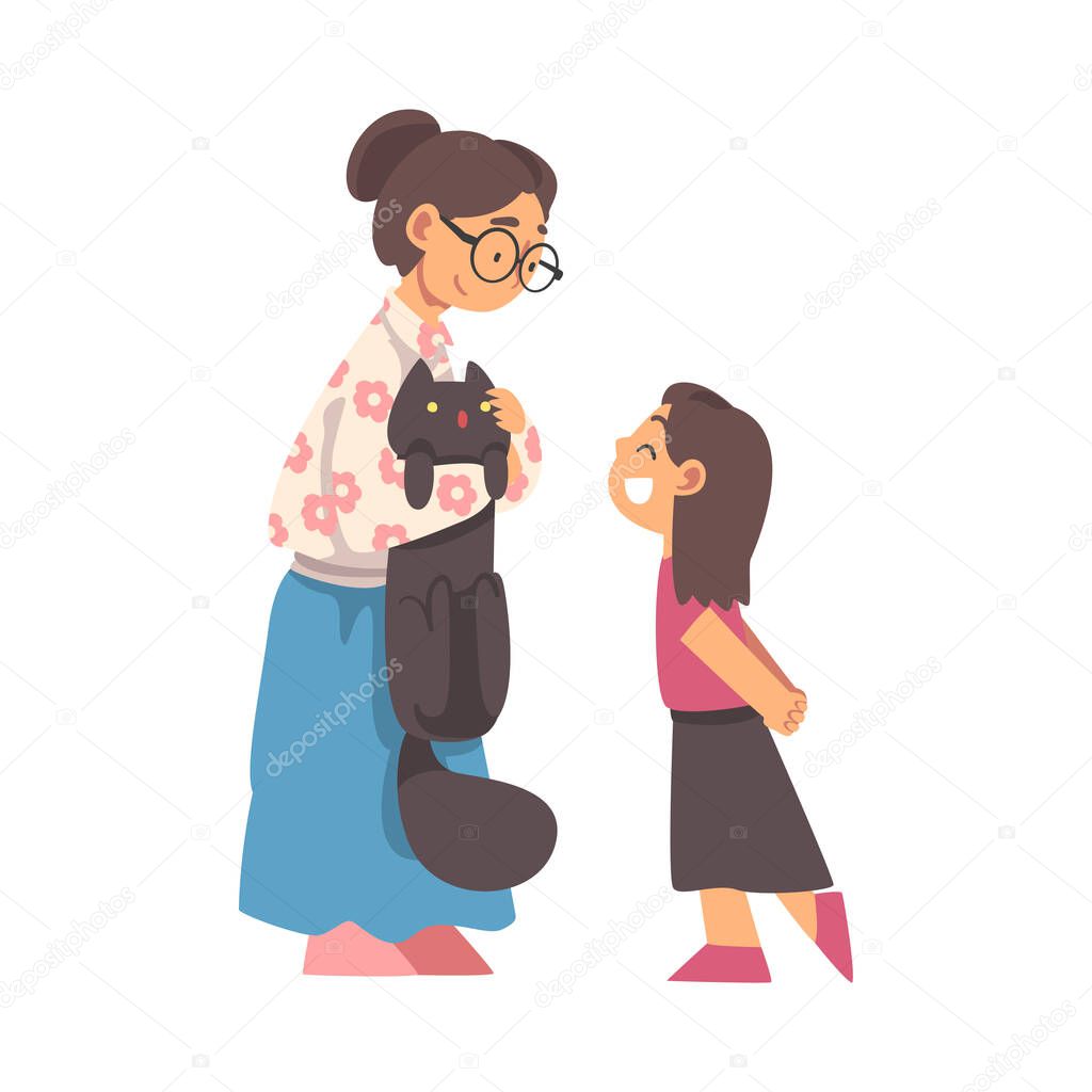 Grandma Stroking Cat Talking to Her Granddaughter Vector Illustration